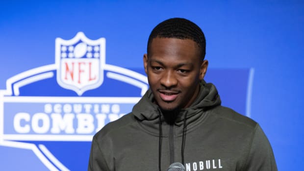 Mar 3, 2023; Indianapolis, IN, USA; Tennessee quarterback Hendon Hooker (QB07) speaks to the press at the NFL Combine at Lucas Oil Stadium.
